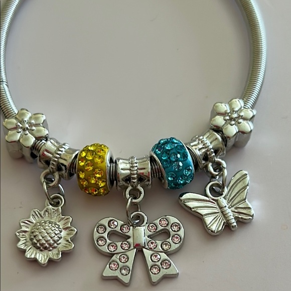 Silver Charm Bracelet with Yellow & Blue, Sunflower, Butterfly, Bow Accents NEW - Picture 4 of 7